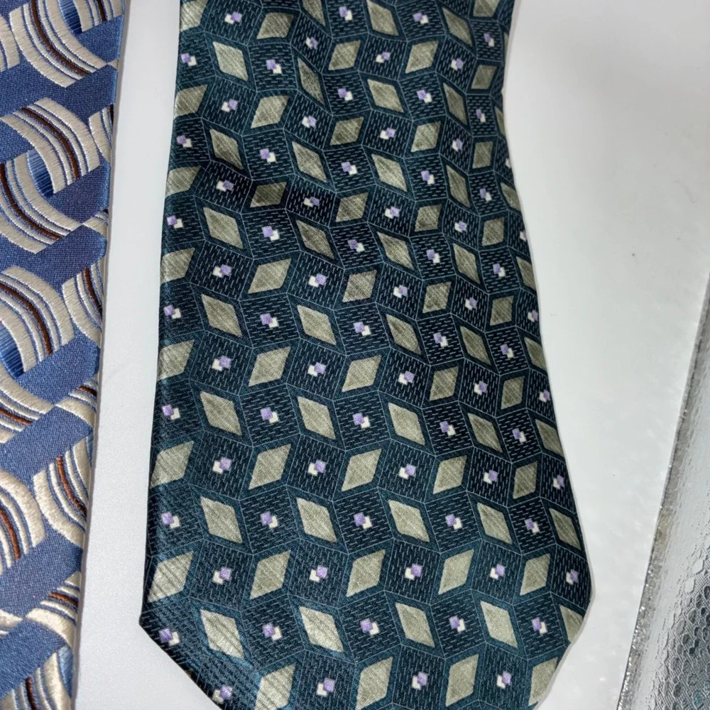 Geoffrey Beene Men Silk Tie Lot of 3 Geometric Abstract Blue Black Teal Neckties